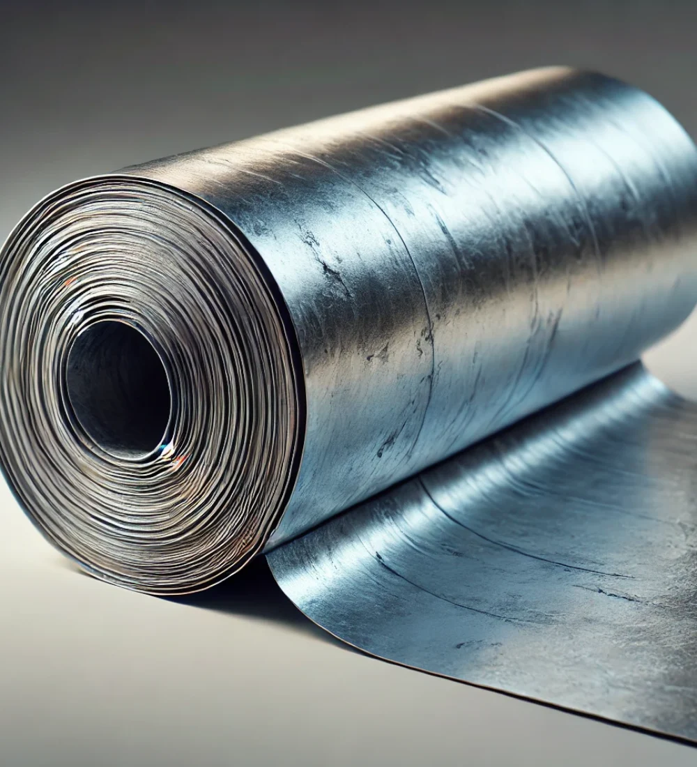 DALL·E 2025-01-14 18.00.09 - A realistic depiction of a roll of lead for roofing. The lead roll is unrolled slightly, showing its metallic surface with a weathered patina. The tex